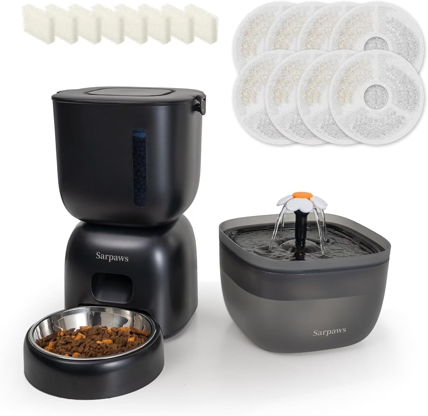Automatic Cat Feeder and Cat Water Dispenser + 8 Pack Replacement Filters & 8 Pack Pre-Filter Sponges Set