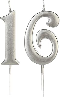 Silver 16th Birthday Candles for Cake, Number 16 1 6 Glitter Candle Party Anniversary Cakes Decoration for Kids Women or Men
