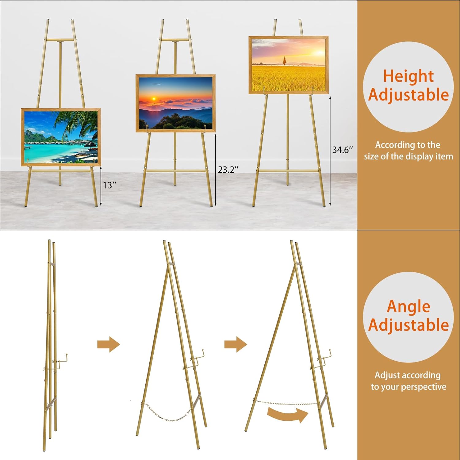 metal easel stand with chain support for mirror,iron floor easels for display wedding sign,58 inch adjustable arts & crafts easels(gold)