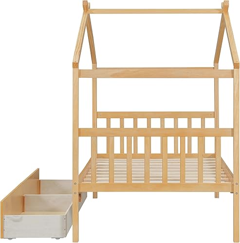 Miniatura 82 de Cama individual de casa con nido para niños, cama individual de madera con techo, marco de cama de plataforma de tamaño individual, cama con dosel