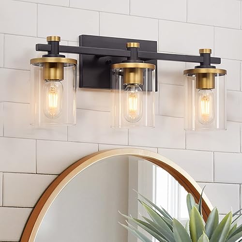 Lámpara de baño de 3 luces, lámpara de tocador de baño de oro negro con pantalla de vidrio transparente, luces de baño doradas vintage sobre espejo,