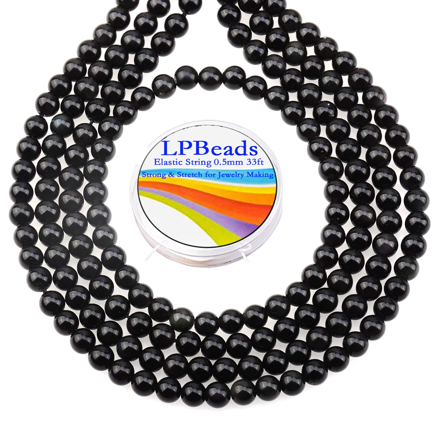 LPBeads 200Pcs Polished 6mm Round Natural Black Obsidian Gemstone Loose Beads with Stretch Cord for Jewelry Making Bracelets