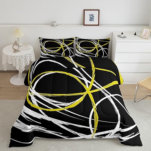 Miniatura 2 de Castle Fairy Juego de edredón de rayas espirales abstractas tamaño individual, juego de ropa de cama de líneas blancas y amarillas para niños y
