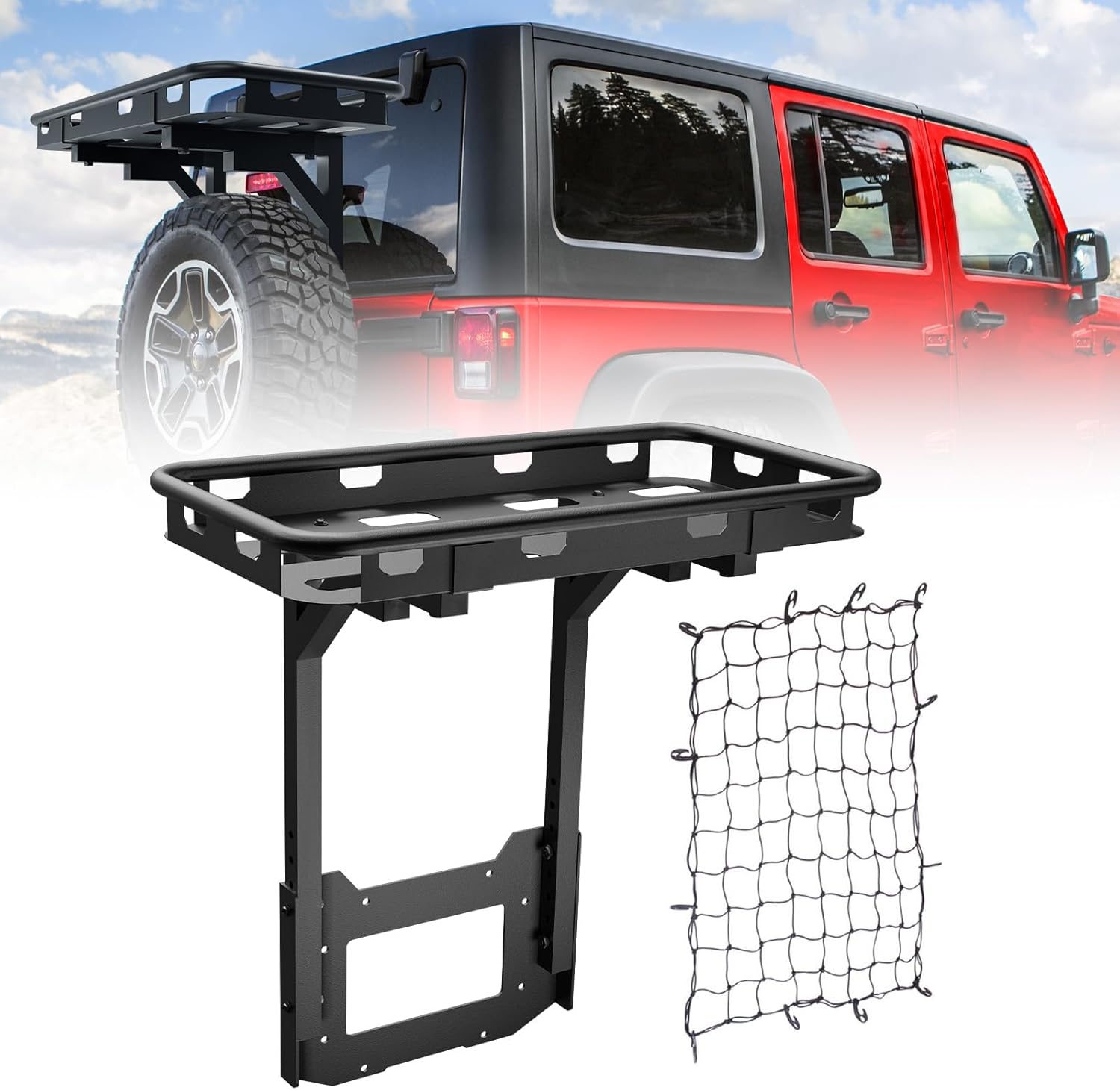 Photo 1 of for Jeep Wrangler JK Rear Cargo Basket on OE Tailgate Compatible with 2007-2018 Jeep Wrangler JK & JKU Unlimited 2/4 Door, Spare Tire Cargo Rack, Luggage Storage Carrier (Bolt-On)