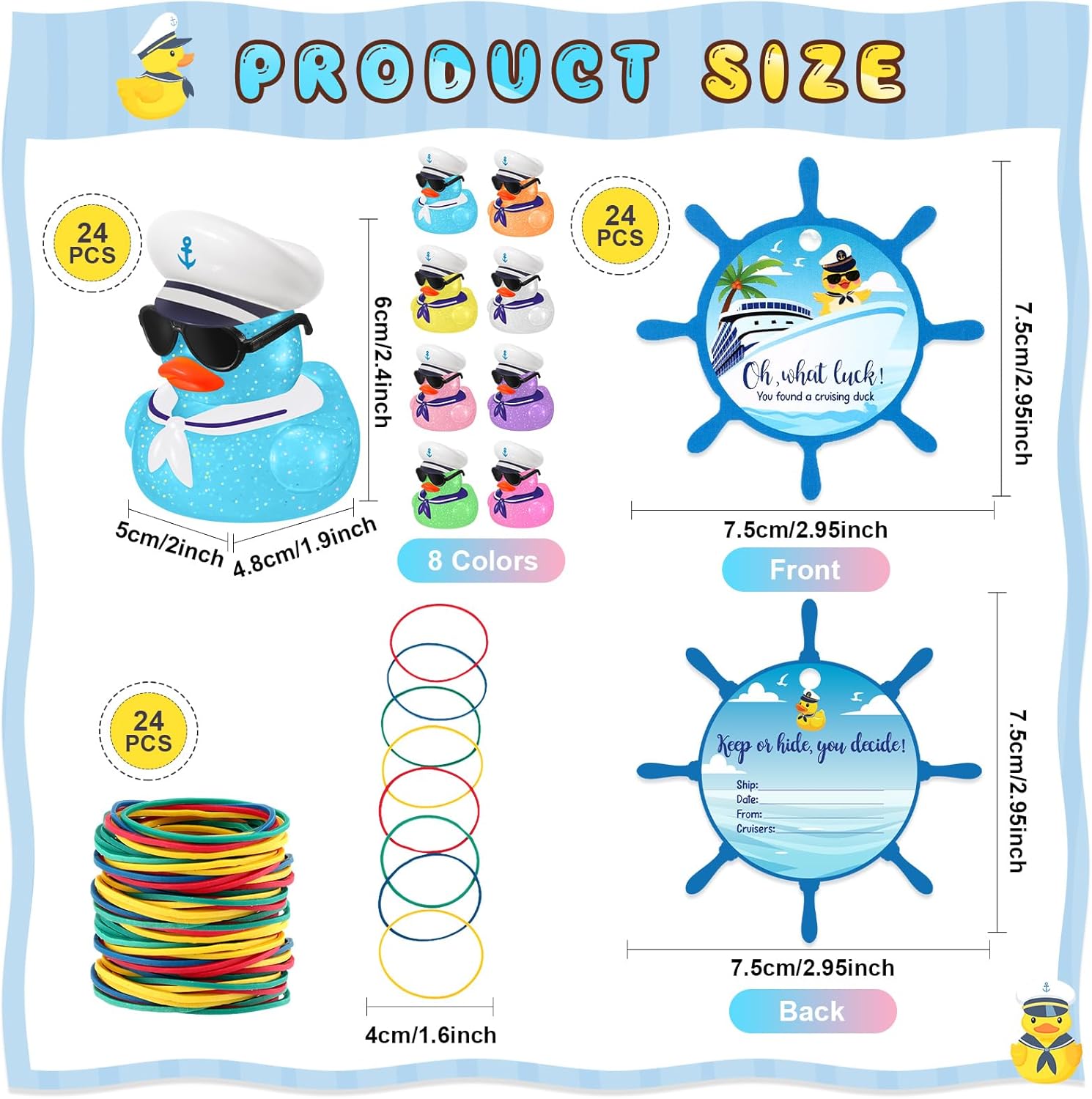 Halloscume 72 Pcs Duck Tag Cruise Kit Includes 24 Mini Cruise Glitter Rubber Ducks with Sunglasses Bulk 24 Duck Tags 24 Elastic Rubber Bands for Cruising Luggage Game Rewards (Rudder Style)