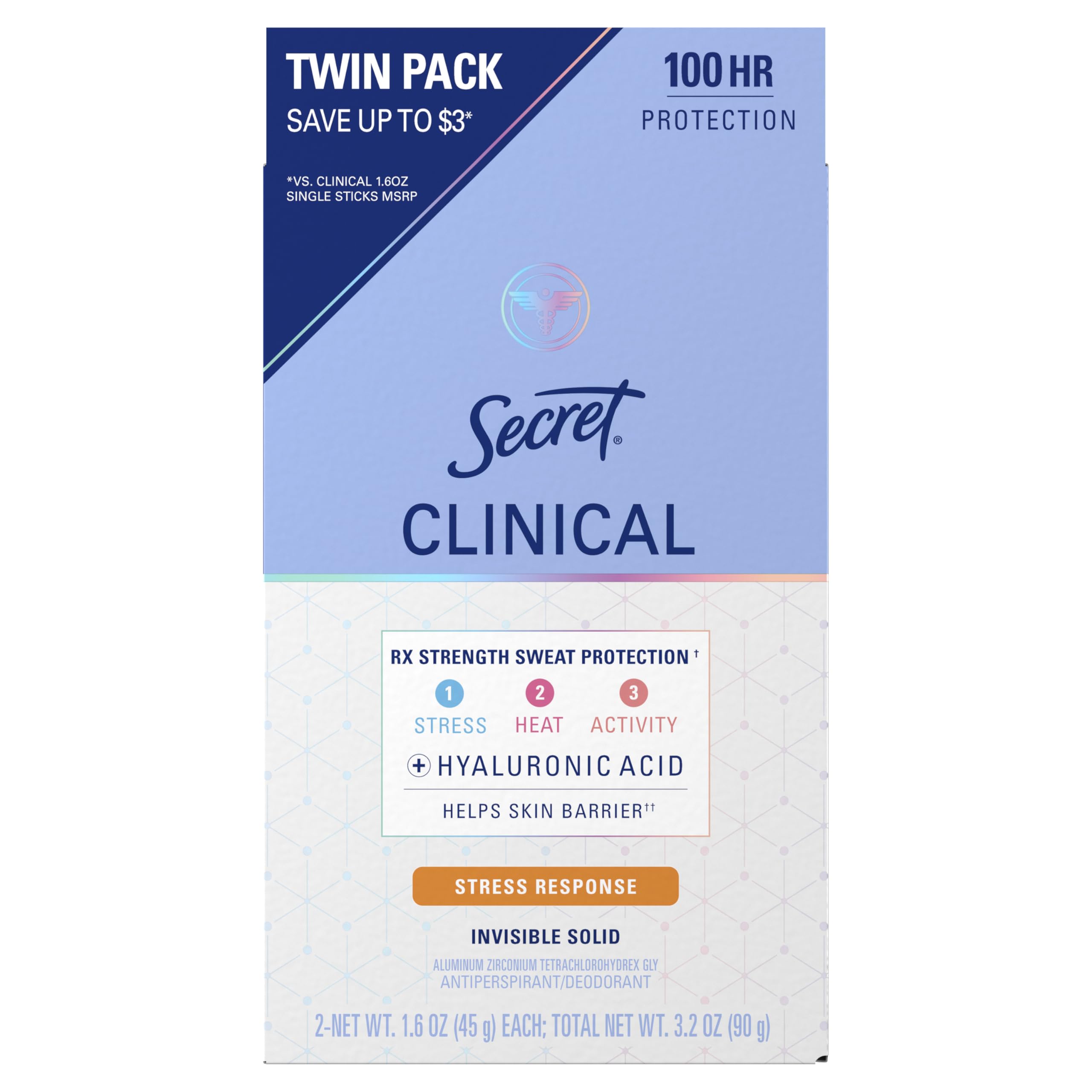 Secret Clinical Strength Antiperspirant Deodorant for Women, Stress Response, 3X Stress Protection, 72hr Sweat & Odor Protection, PH Balancing Minerals, Invisible Solid, 1.6 oz (Pack of 2)