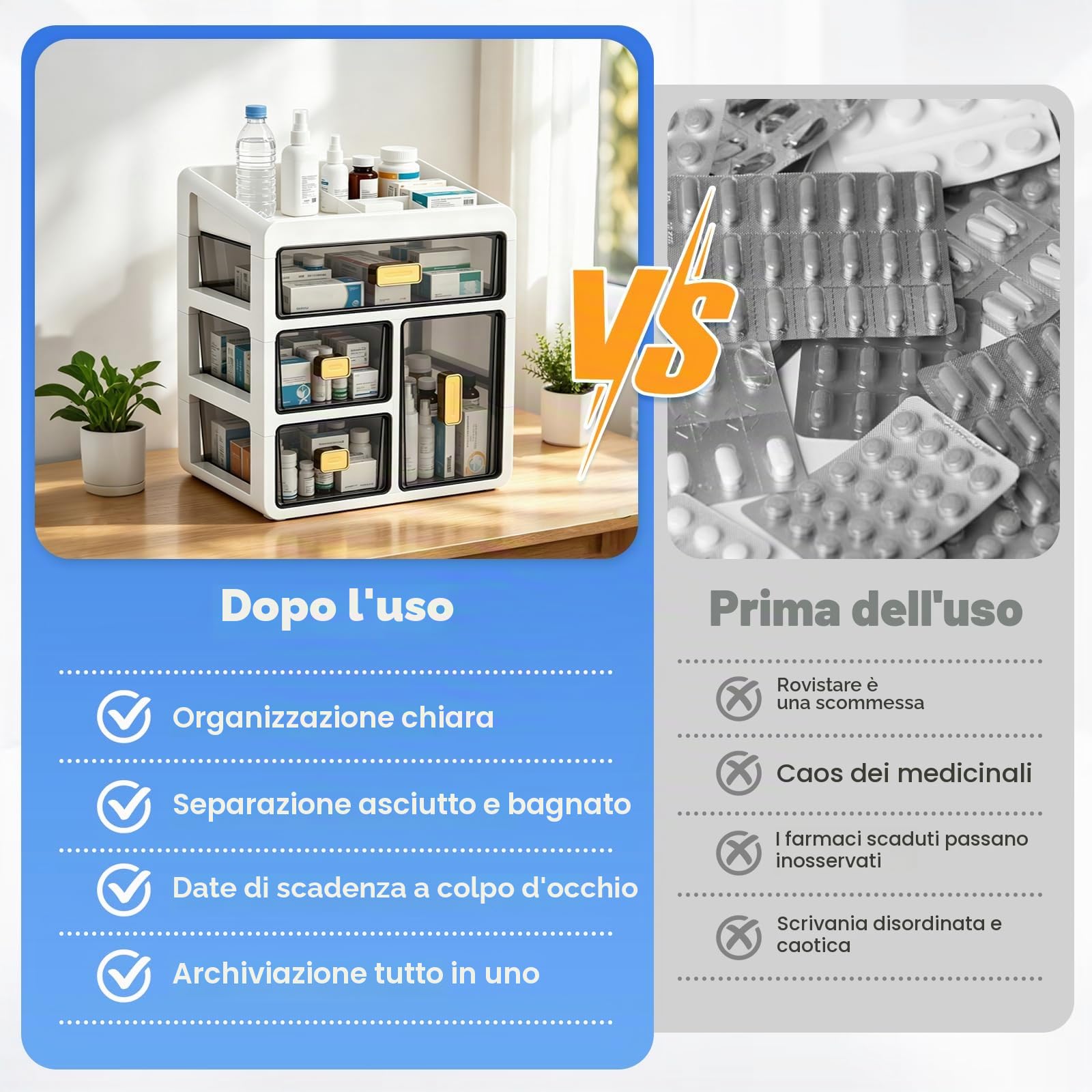 Organizer per armadietto medicinali a 4 ripiani, con cassetti trasparenti, armadietto farmacia domestica, grande contenitore per farmaci, cosmetici, vitamine (bianco)