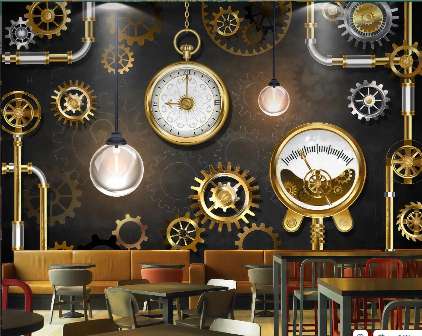 XDOUBAO Wallpaper Fashion Three-Dimensional Golden Gear Clock Blackboard Bar Afternoon Tea Coffee Shop Background Mural Western Restaurant Wallpaper,3D,300x210cm