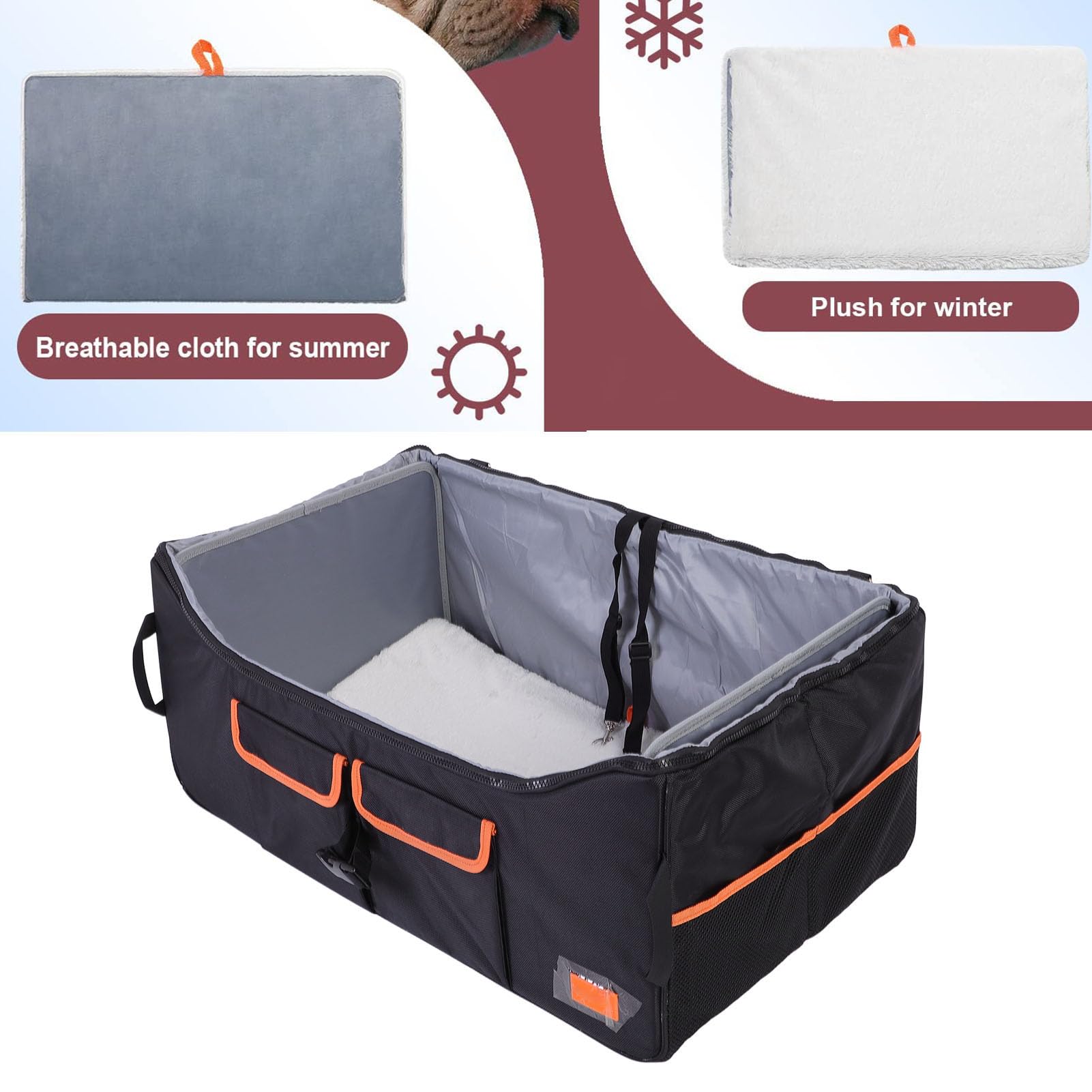 Cama Grande para Coche para Perros, Asiento Delantero de Coche, Cama de Viaje para Mascotas con Cinturón Ajustable, Asiento Elevador Plegable para Mascotas, Bolsa de Transporte