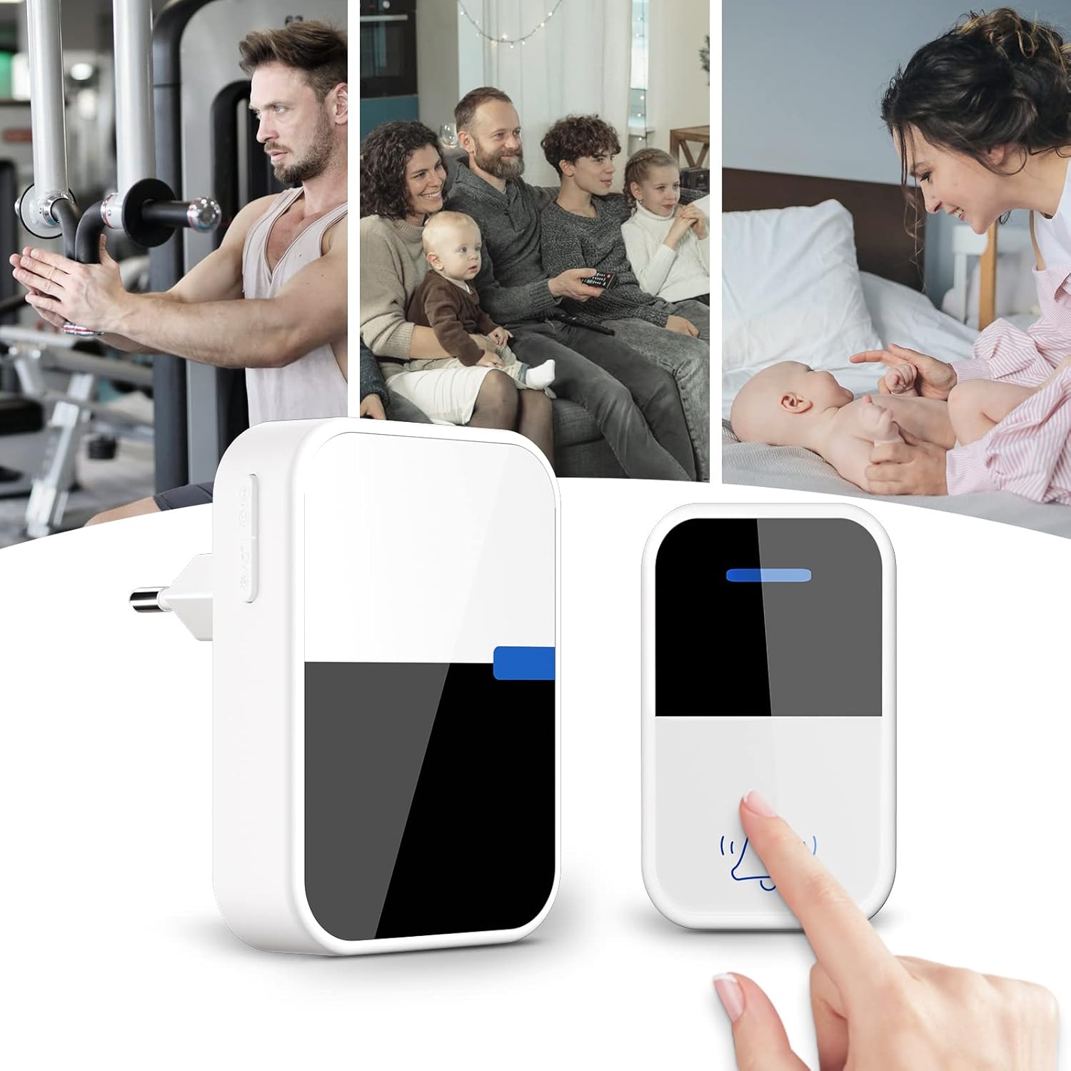 esLife Wireless Doorbell in various usage scenarios, showing the receiver and transmitter in a home setting.