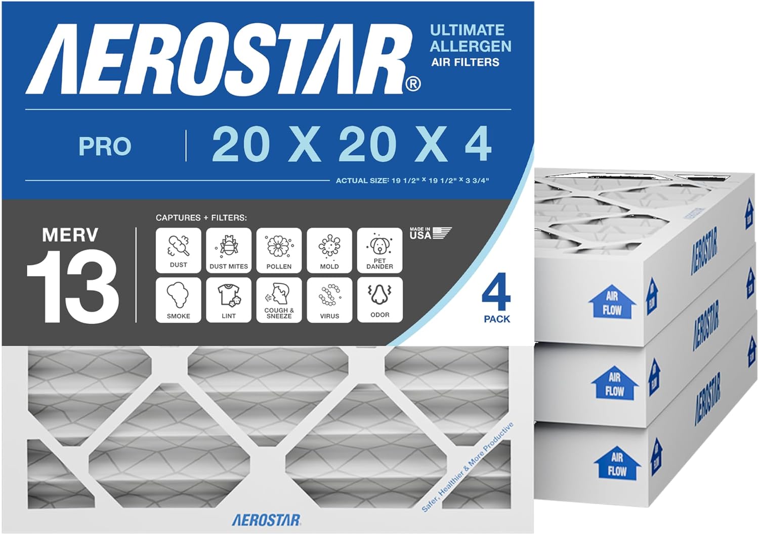 Aerostar 20x25x4 MERV 13 Pleated Air Filter, Allergen and Bacteria Defense (2 Pack), Actual Size: 19.5x24.5x3.75