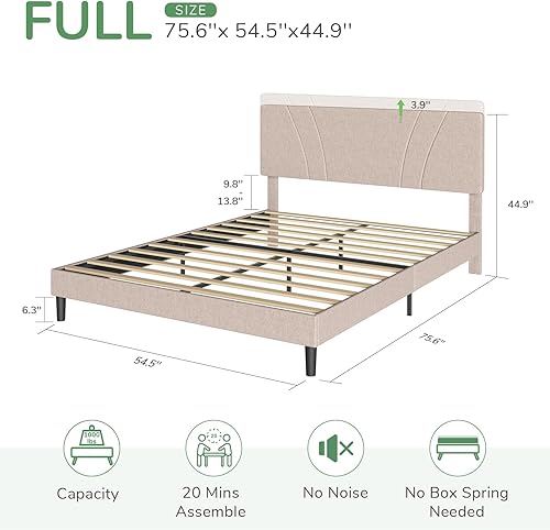 Miniatura 2 de Novilla Base de cama de plataforma de tamaño matrimonial con cabecera tapizada y fuerte soporte de listones de madera, base de colchón, sin ruido,