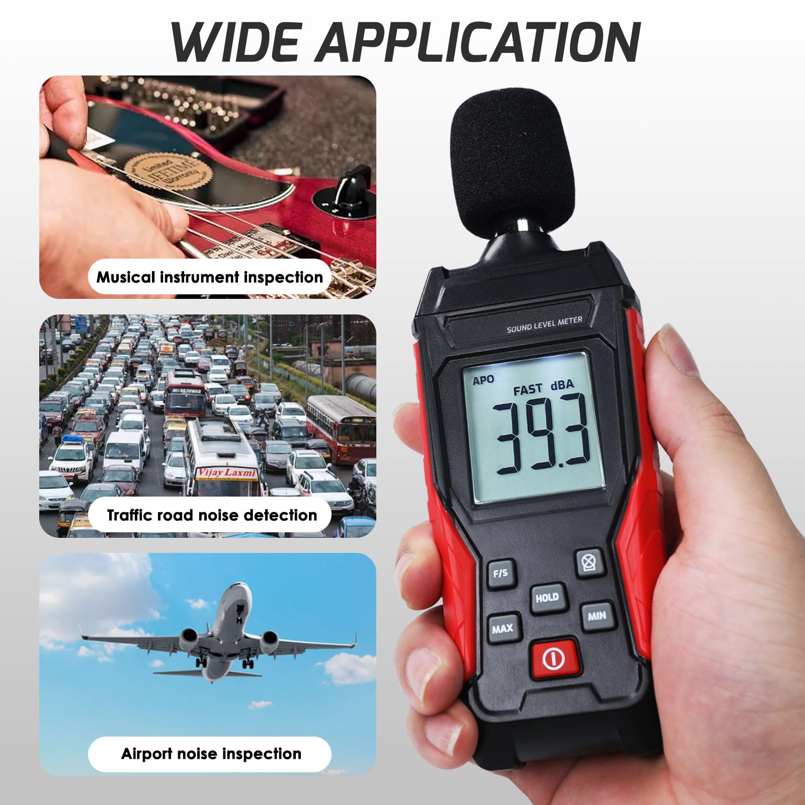 Sonometro Medidor Decibelios Portátil Sonometro 30-130dB Dispositivo de Medición de Ruido de Audio Digital con MAX/MIN, Pantalla LCD con Retroiluminación Detector de Sonido para el Hogar, Oficina