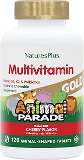 Natures Plus Animal Parade Gold Children's Chewable Multivitamin - Natural Cherry Flavor - 60 Animal Shaped-Tablets - with Vitamin D3, K2 & Probiotics - Vegetarian & Gluten Free - 120 Servings