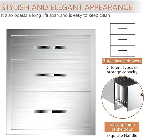 Miniatura 6 de Cajones de cocina para exteriores, cajón triple de acero inoxidable, 18 pulgadas de ancho x 21 pulgadas de alto x 23 pulgadas de profundidad,