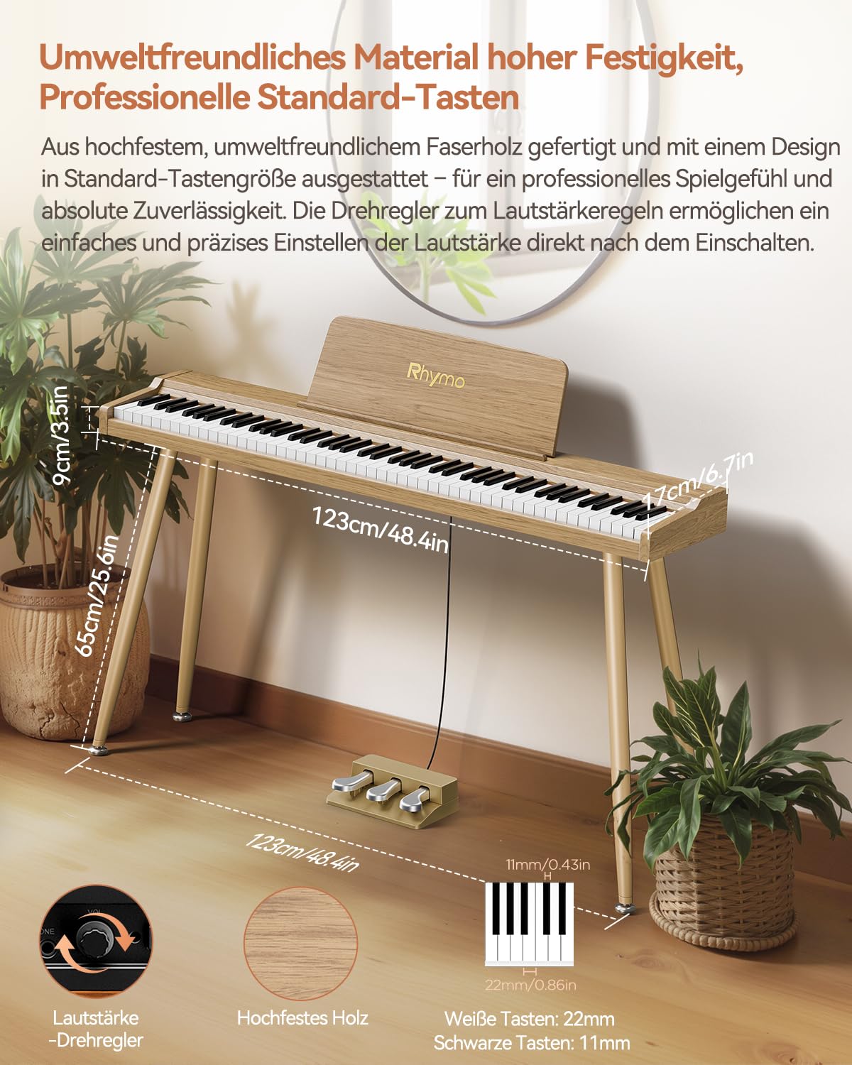 Rhymo Digital piano 88 Tasten Semi-Gewichtet - E-Piano mit Ständer, Triple Pedal, Bluetooth Audio/MIDI, 20W Lautsprecher, Mikrofon-Eingang, Dual Player Mode