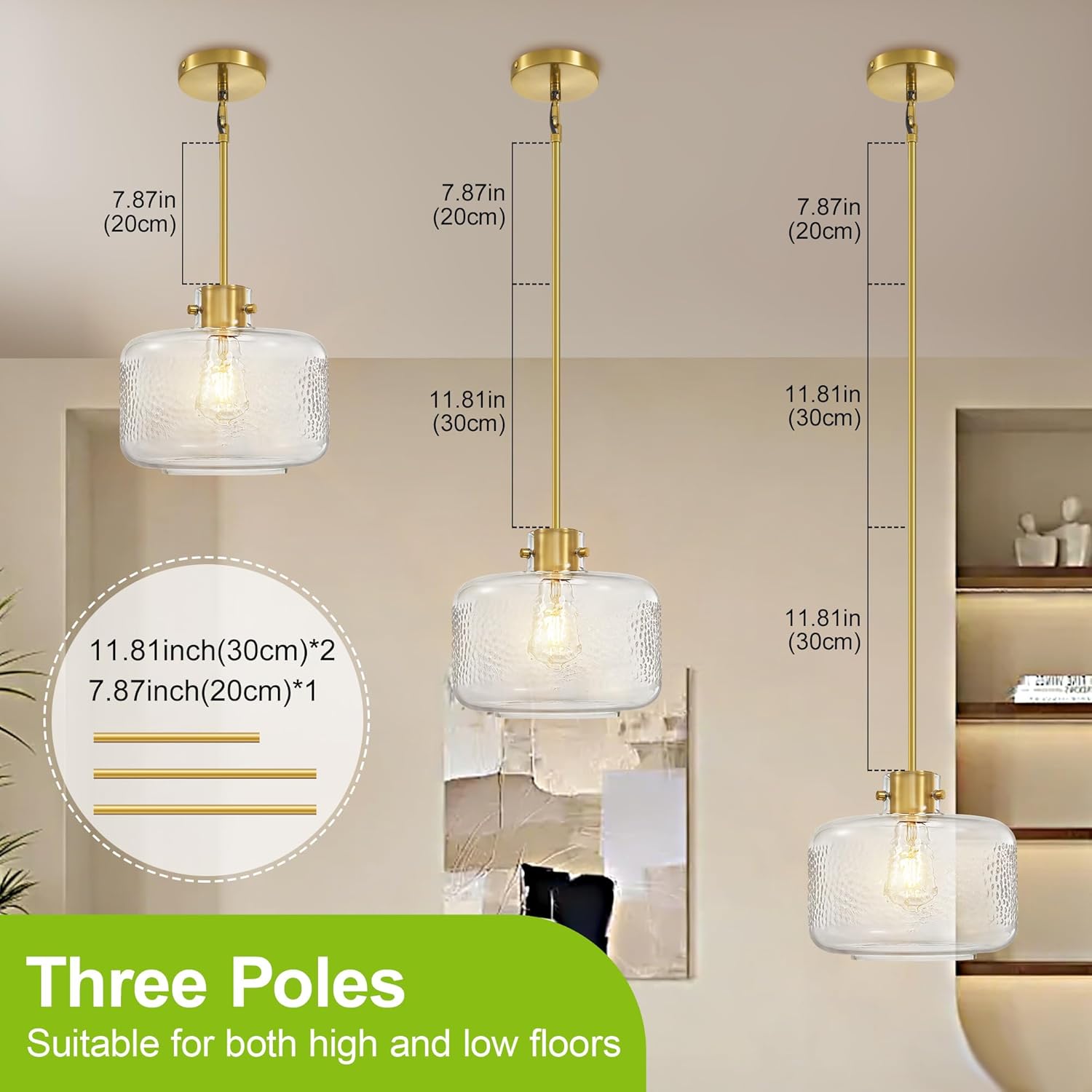 Glass Pendant Lights Kitchen Island, 9.84'' Brass Gold Pendant Lighting Fixtures, Modern Hanging Ceiling Light with Clear Hammered Glass Shade for Farmhouse Dining Room Bedroom Hallway(1 Pack)