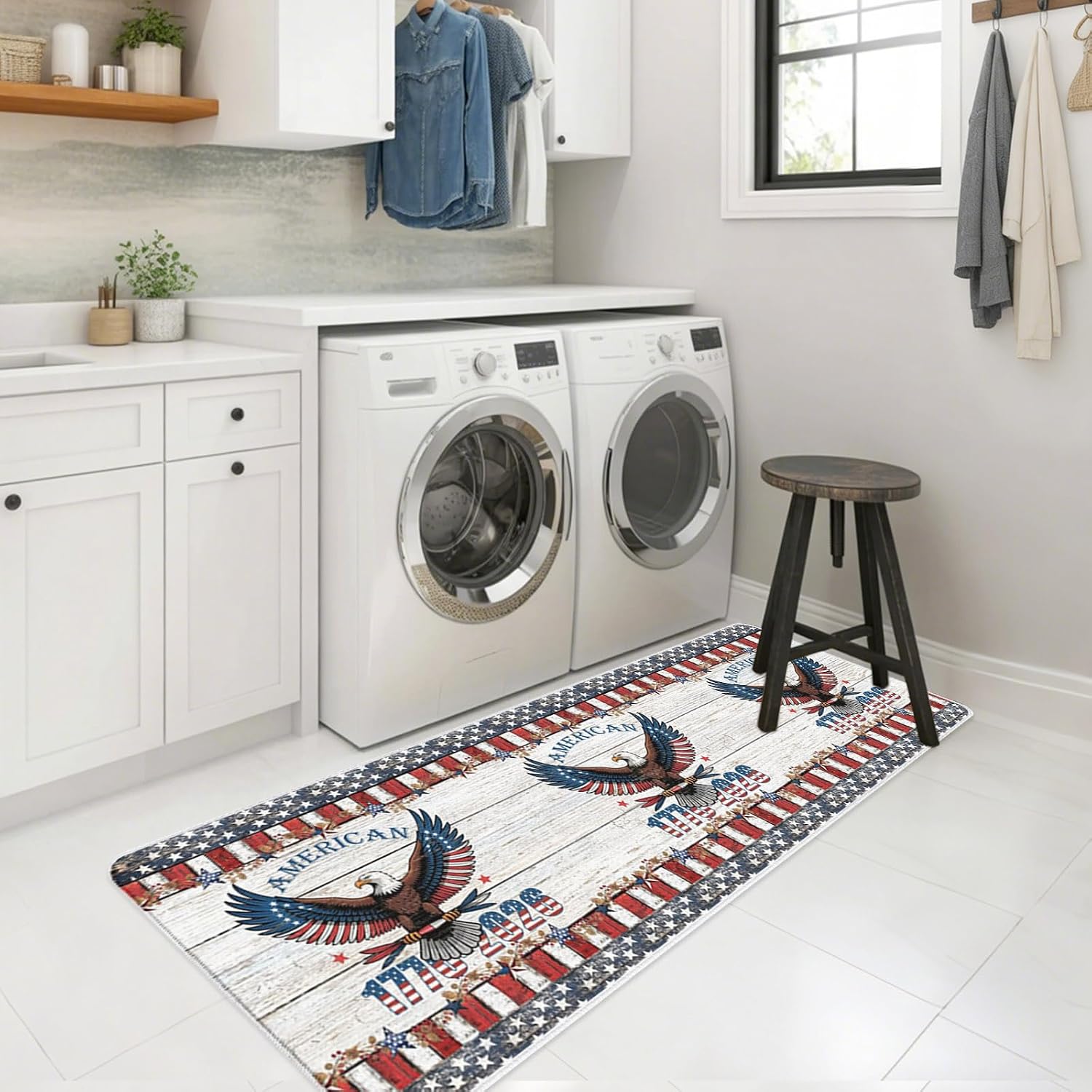 Patriotic Bald Eagle Kitchen Mats Set of 2 Rustic Wood 1776-2026 American Flag Non Slip Mat Washable Floor Rug for Kitchen Sink Floor Laundry, 15.7"x23.6"+15.7"x47.2"