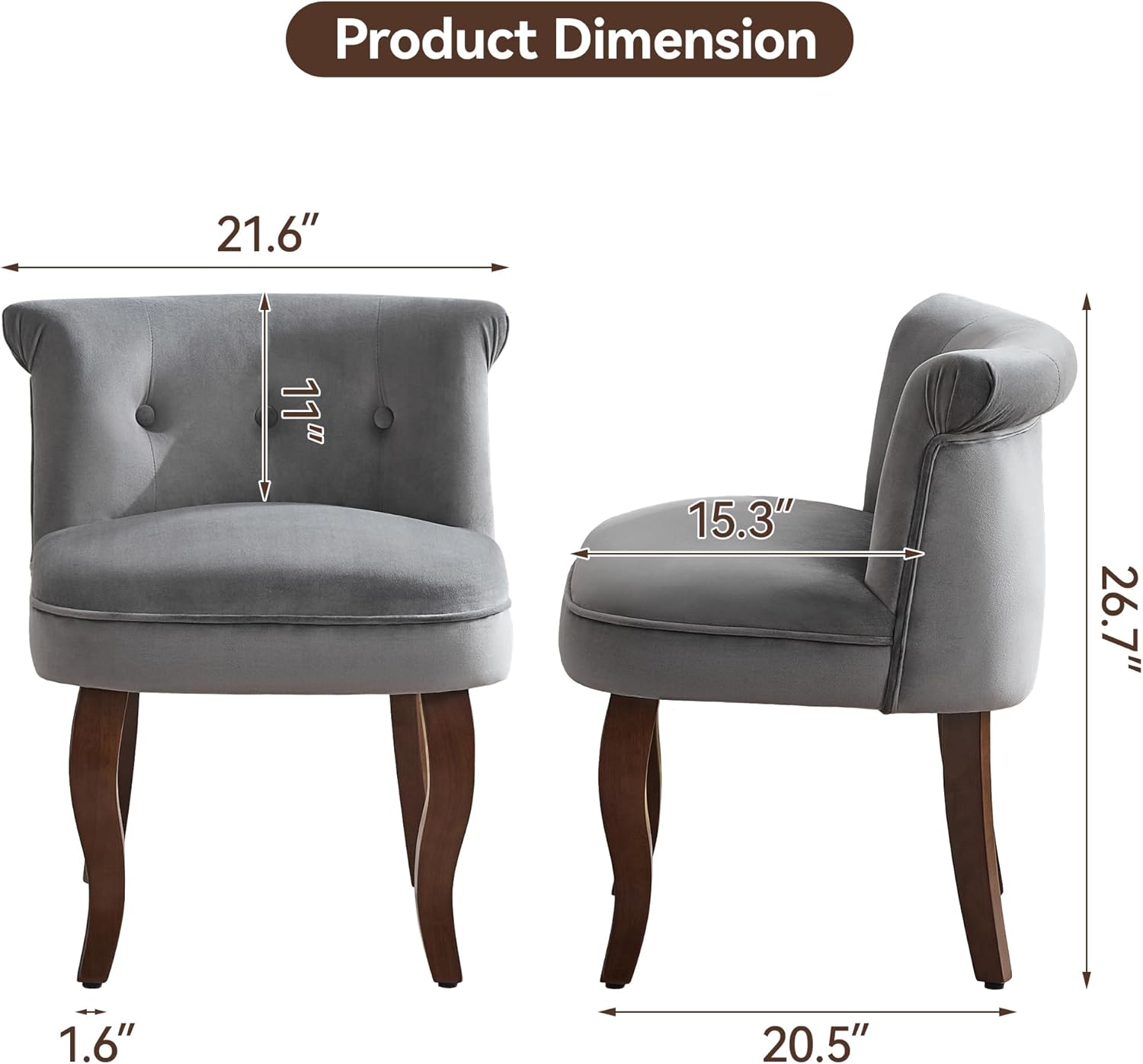 WUTUTUEE Velvet Vanity Chair with Back, Tufted Upholstered Vanity Stool with Solid Wood Legs, Mid Century Small Makeup Chair for Vanity, Accent Chair for Bedroom, Living Room, Grey