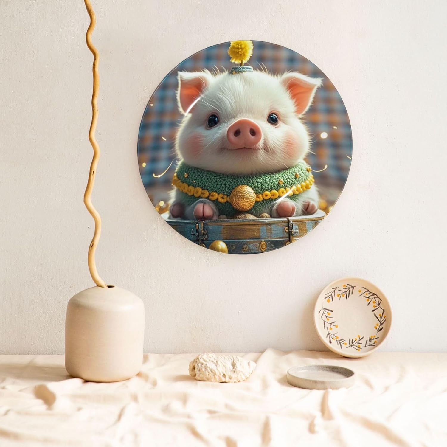 Bone China Decorative Plate with Display Foolish Cute Pig Ceramic Plates Crafts Art Decor Dessert Plate Ceramic Ornament Porcelain Plates for Living Room Kitchen Table Home Decor