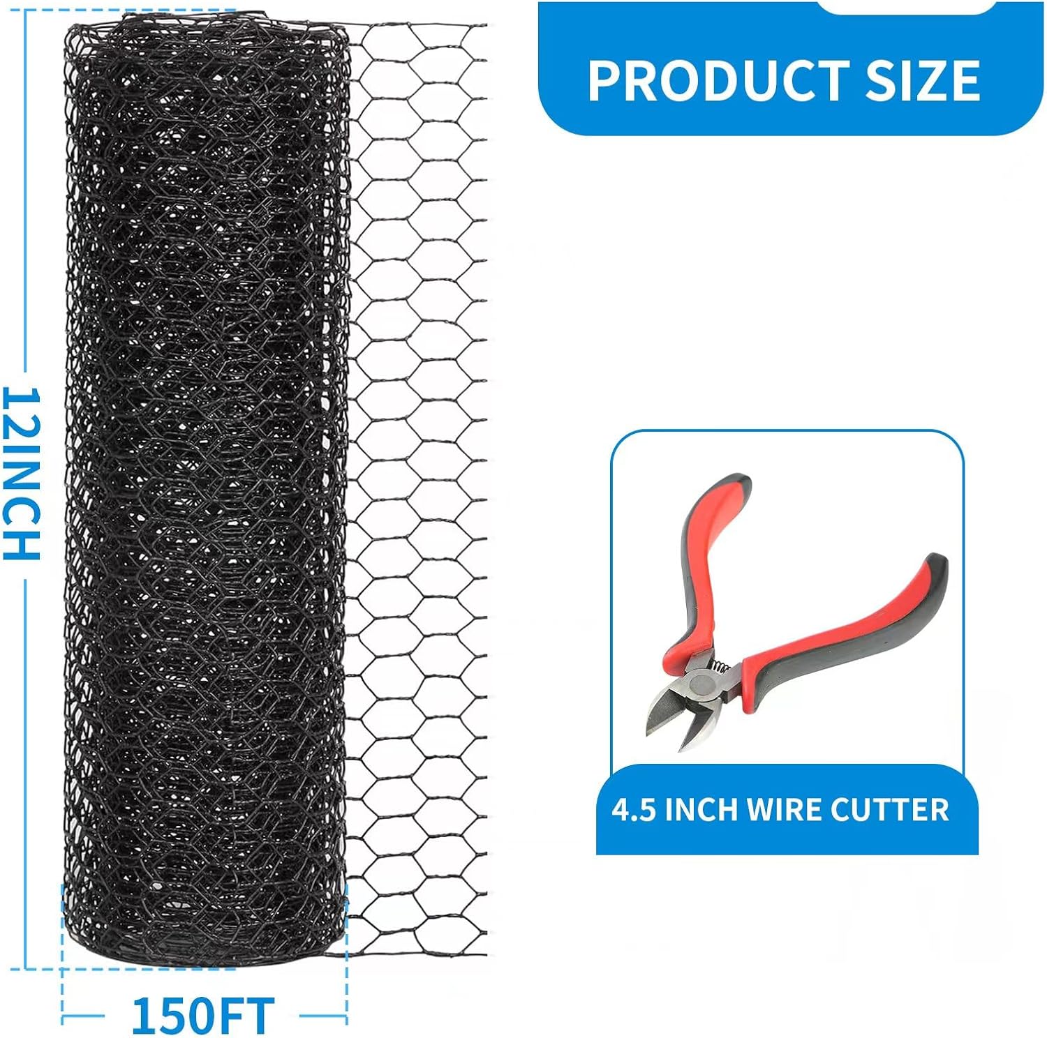 12'' x 150' Black Chicken Wire Mesh Fence, 19 Gauge Galvanized Poultry Netting and 1 inch Garden Mesh Fence Roll, Chicken Wire for Floral Arrangements/Crafts/Farm/Livestock/Pet Protection