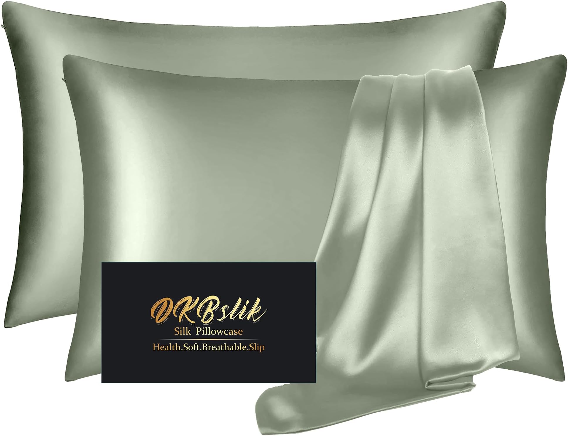 Silk Pillow Cases 2 Pack, Mulberry Silk Pillowcases Standard Set of 2, Smooth, Anti Acne, Beauty Sleep, Both Sides Natural Silk Satin Pillow Cases for Women 2 Pack with Zipper for Gift, Sage Green