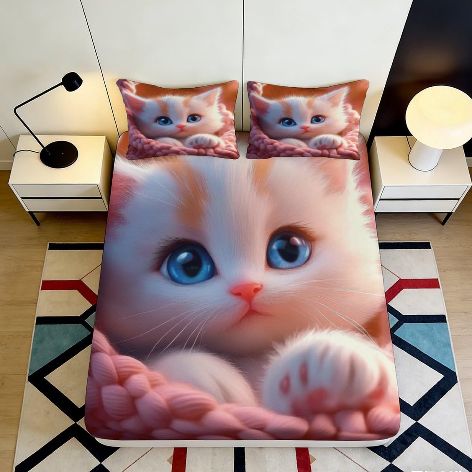 3D Printed cute kitten Fitted Sheet soft touch Microfiber, wrinkle resistant, bedroom decor, apartment bedding, anti-slip, easy care, dustproof, guest room suitable 180x200x25cm