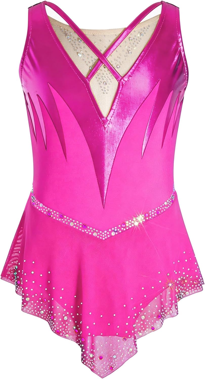 Kids Girls Figure Ice Skating Dress Shiny Rhinestone Ballet Skirted Leotard Dance Competition Dress