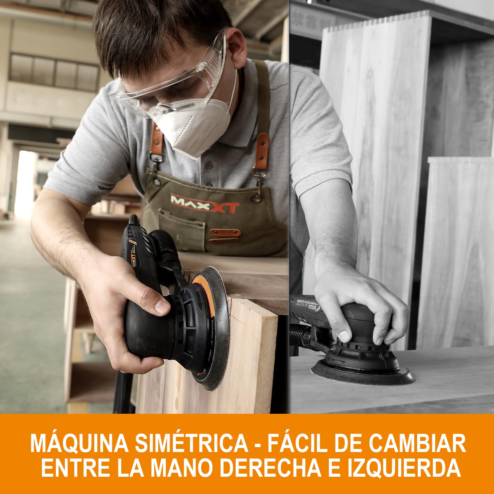 MAXXT Lijadora orbital sin escobillas 350W, Lijadora excéntrica 5.0， disco de 125mm&150mm, 4000-10000RPM(6 velocidades ajustables) Freno automático-2s, y 20 hojas de papel de lija