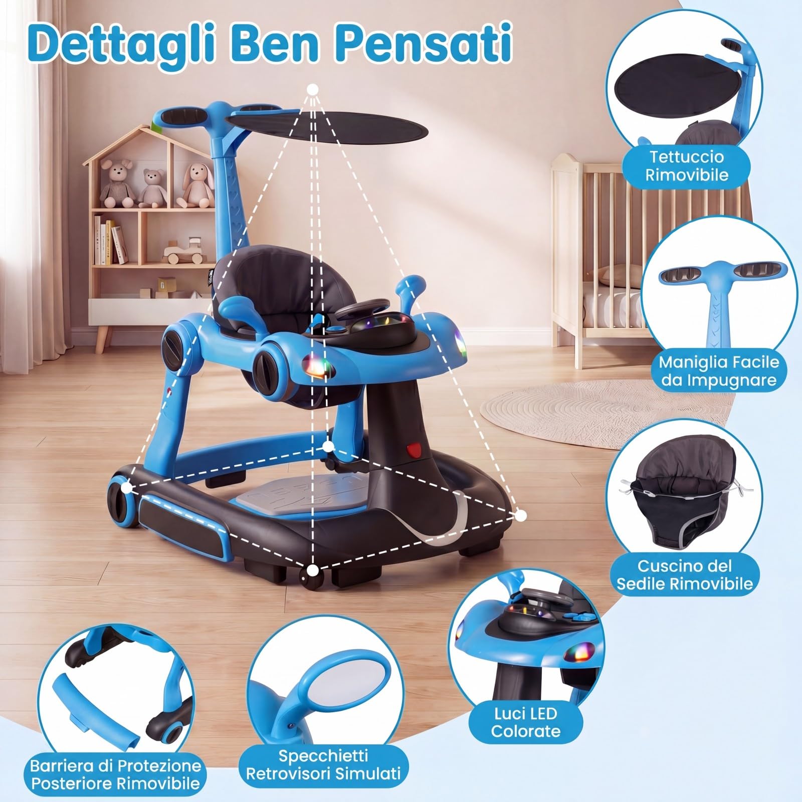 COSTWAY Girello per Bambini 6-in-1 Evolutivo, Centro Attività Pieghevole con Maniglia, Regolazione Altezza/Velocità, con Musica, Luci Tenda, per Neonati 6-18 Mesi (Nero+Blu)