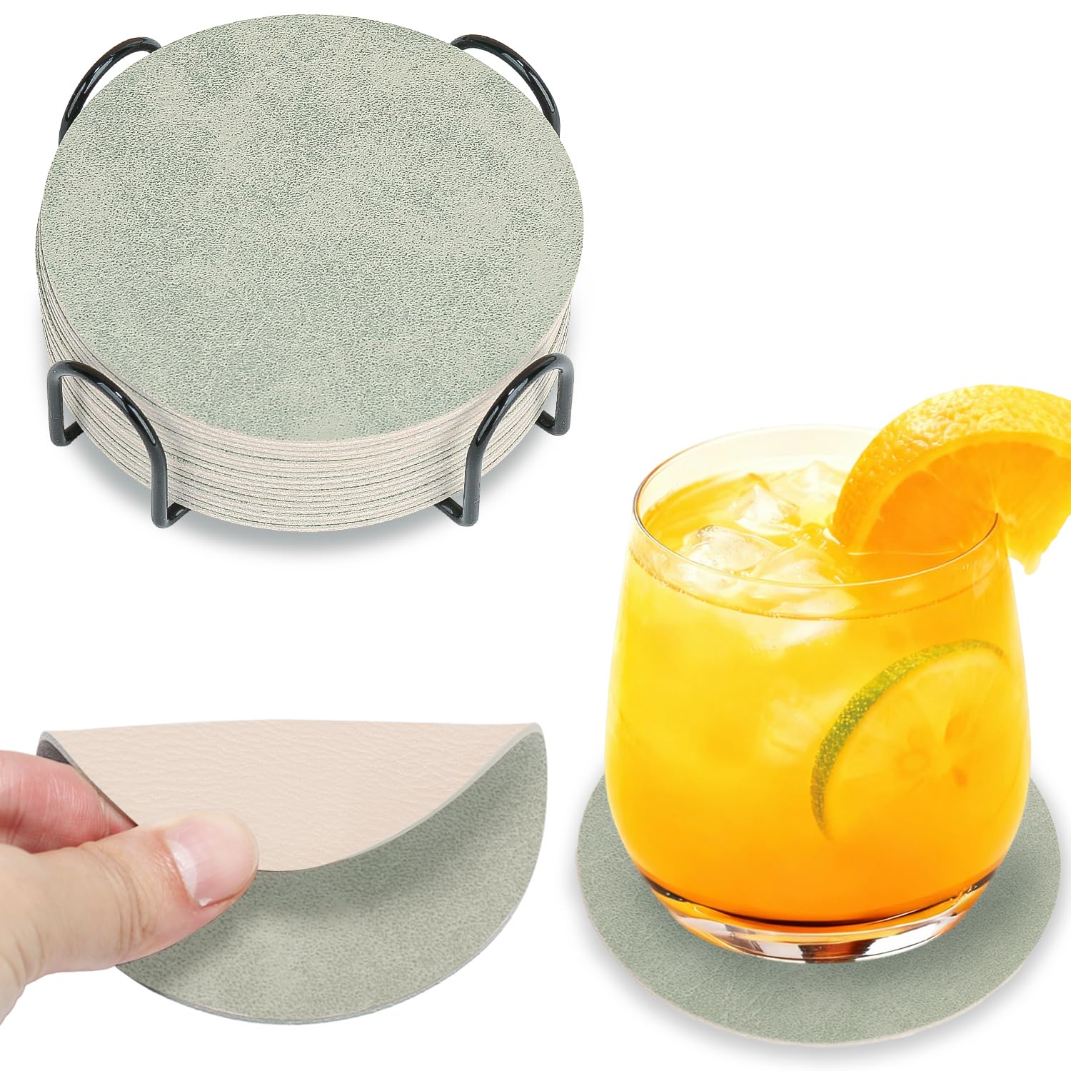 HELI MIAO 16 Stück Untersetzer Gläser, Doppelseitige Glasuntersetzer aus Kunstleder – Rund, rutschfest & hitzebeständig – Inkl. Aufbewahrungsständer (10cm, Hellgrün+beige) – Für Tisch, Bar, Outdoor