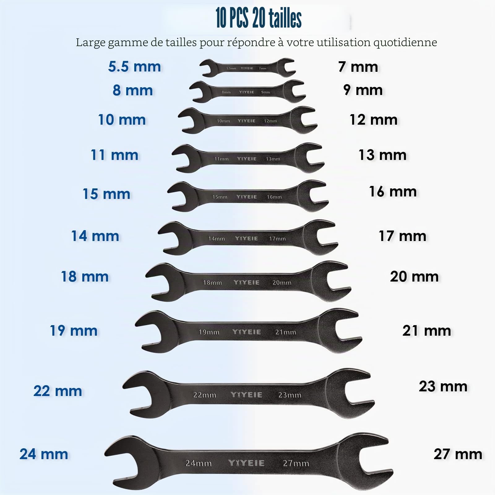 YIYEIE Jeu de 10 clés plates super fines à extrémité ouverte, métriques, 5,5, 7, 8, 9, 10, 11, 12, 13, 14, 15, 16, 17, 18, 19, 20, 21, 22, 23, 24, 27 mm, revêtement nickel, acier CR-V, clé fine avec