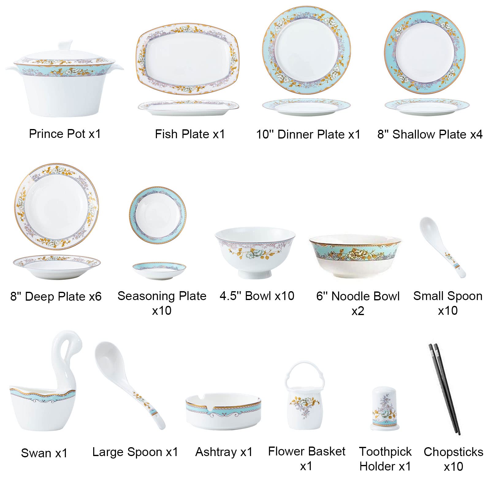 Zestaw Obiadowy, 60-Częściowy Zestaw Naczyń Obiadowych Z Porcelany Kostnej Dla 10 Osób, Komplet Obiadowy, Elegancka Zastawa Stołowa, Można Myć W Zmywarce, Seria Kwiatowa