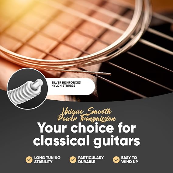 HAVENDI Guitar Strings for classical guitar - brilliant sound quality strings made of nylon for classical guitar coated with silver (6 string set) incl. 3 picks