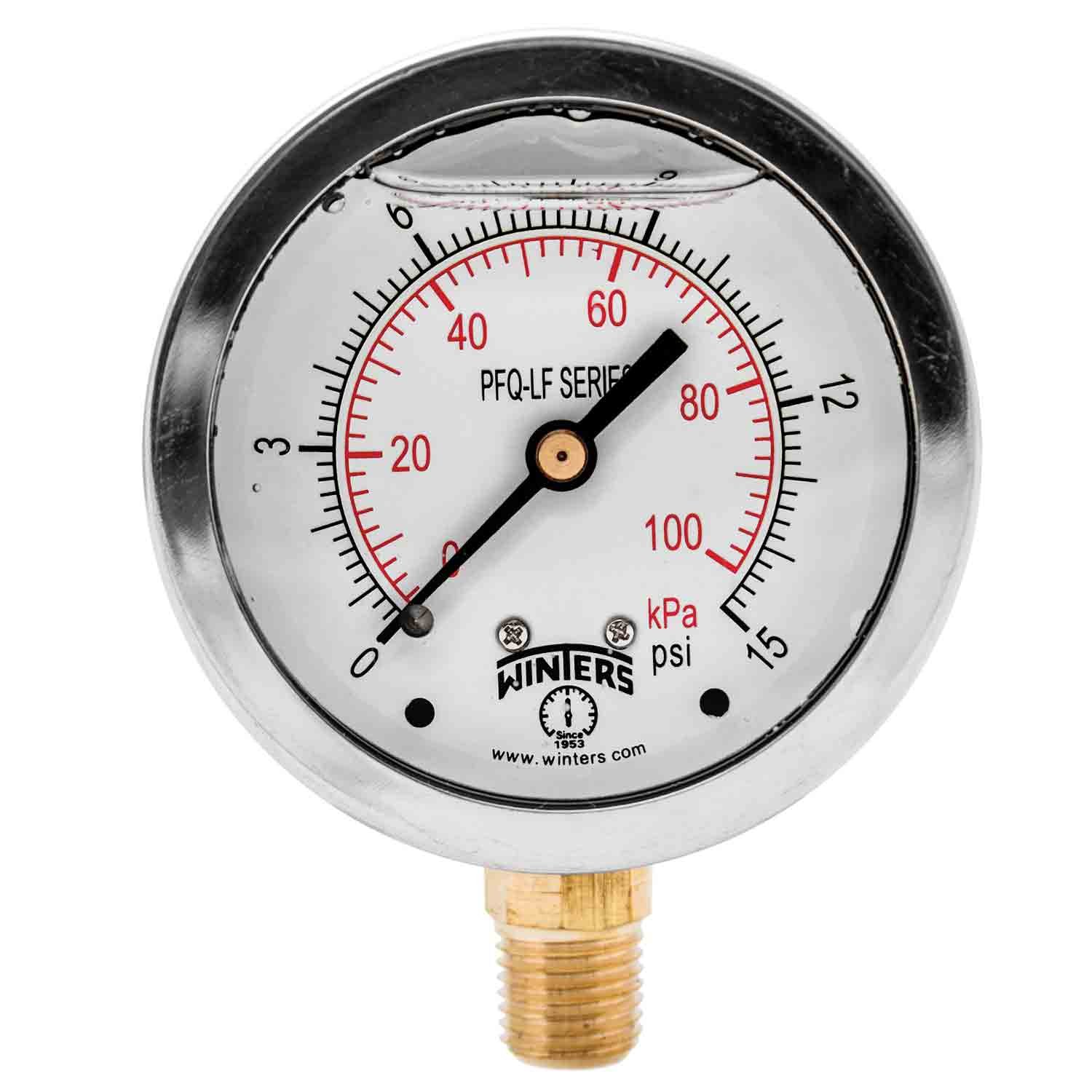 Winters 2-1/2" Dial Size, Liquid Filled Pressure Gauge, Potable Brass Internals, 304 Stainless Steel Case, Dual Scale 0-60 psi/kPa, 1.5% Acc, 1/4" NPT Bottom Mount, Drinking Water Pressure Gauge