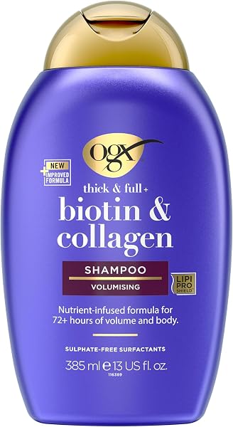 Close-up of the OGX Biotin and Collagen Volumising Shampoo bottle, highlighting the 'Sulfate Free Surfactants' label.