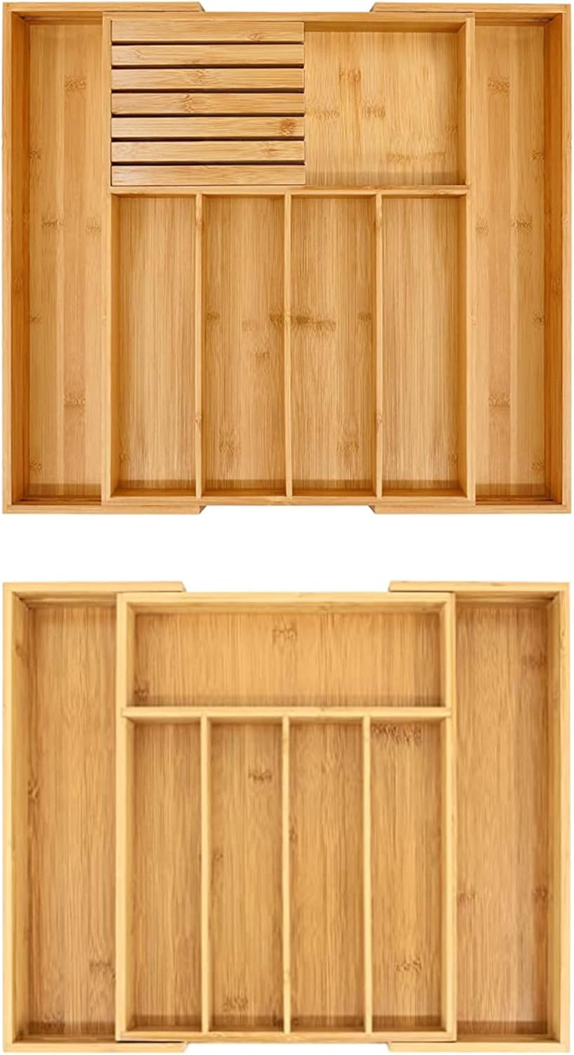 VaeFae Large and Medium Bamboo Silverware Drawer Organizer Bundle