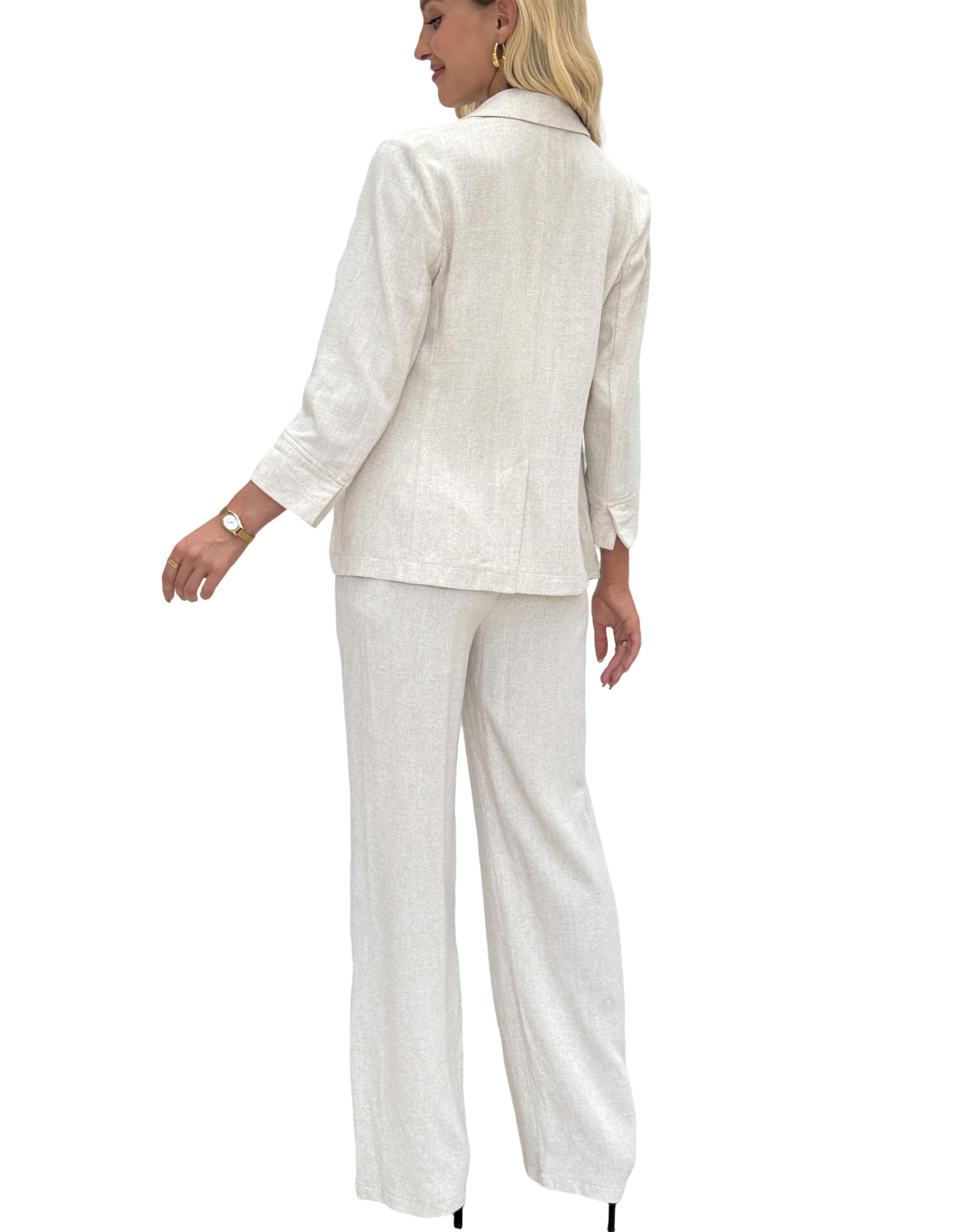 Completo da donna in lino, 2 pezzi, giacche, blazer, pantaloni a gamba larga, set da lavoro casual da lavoro