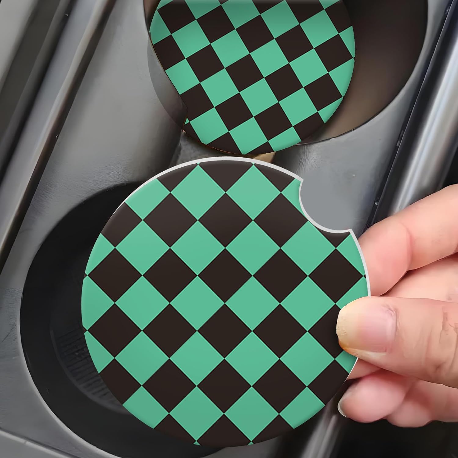 Car Coasters for Cup Holders, Car Cup Holder Coaster, Cute Car Accessories for Women Interior, 2PCS Cup Holder Coasters for Car, Anti Slip Rubber Cup Mat with A Finger Notch（Black Green Checkerboard image 3
