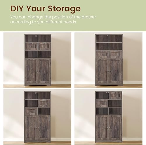 Miniatura 5 de Iwell Armario de almacenamiento alto con 2 cajones y estantes ajustables, armario de baño con puertas, armario, armario de piso para sala de estar,