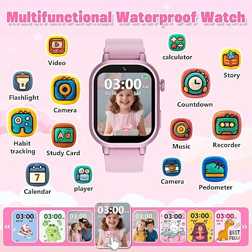 Miniatura 2 de Reloj inteligente impermeable para niños, regalo para niñas, edad 3-12 años, con 39 juegos, pantalla táctil HD, reproductor de música, cámara de