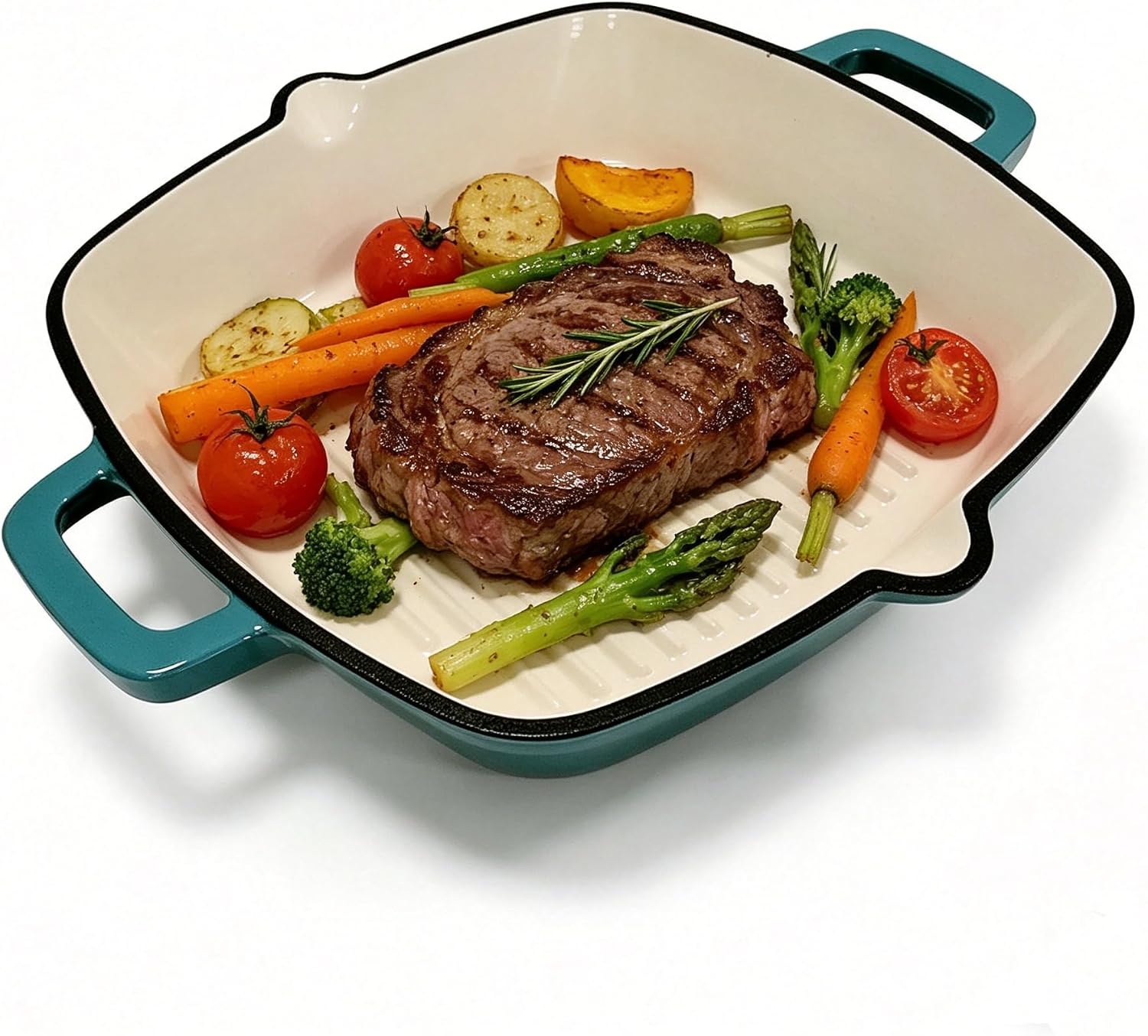 Enameled Cast Iron Square Grill Pan, Nonstick Skillet Steak Grilling Pan (Peacock Blue, 10 inch)