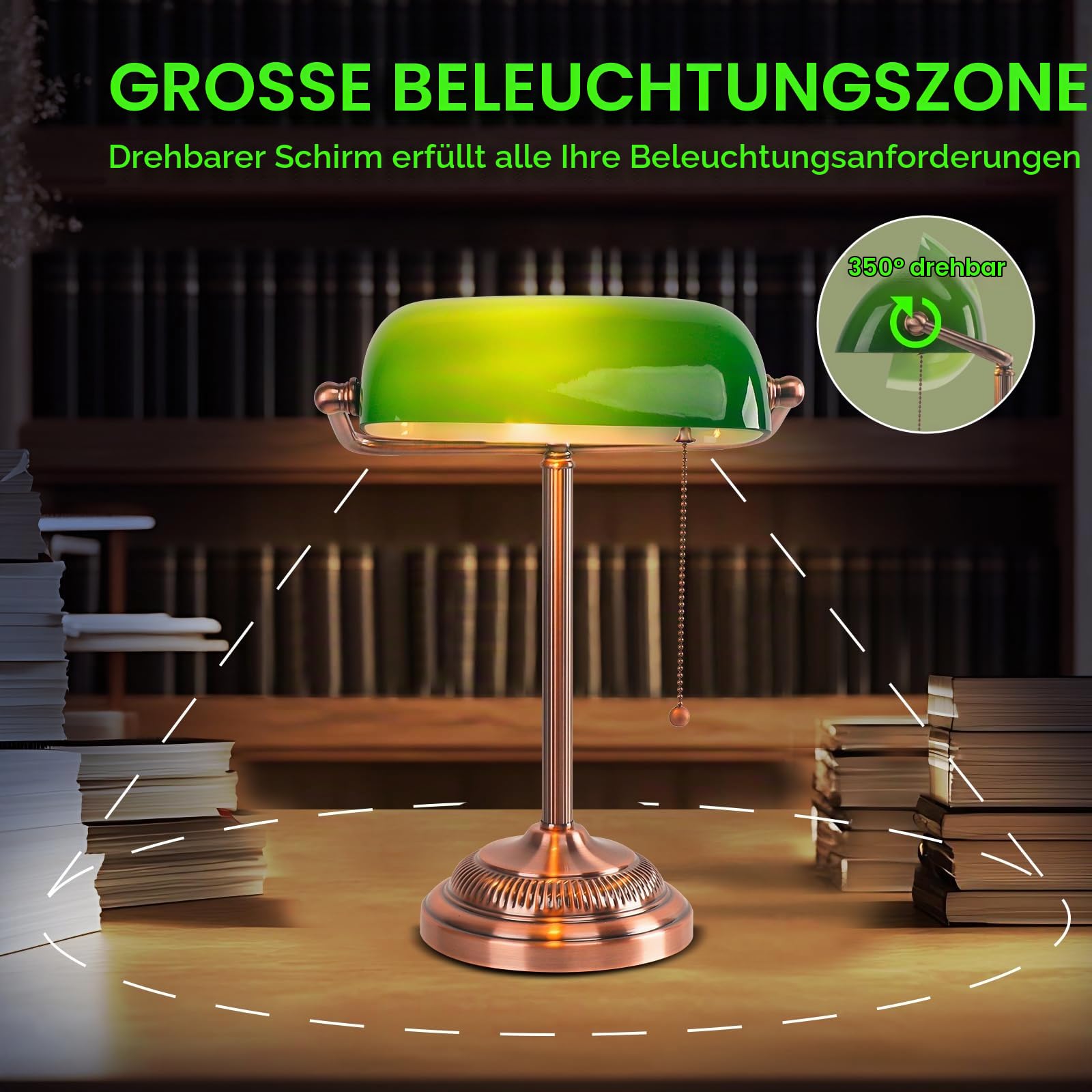 FIRVRE Banker-Schreibtischlampe, grüner Glasschirm, Vintage-Schreibtischlampe mit Zugkettenschalter, Retro-Tischlampen für Homeoffice, Bibliothek, Klavier