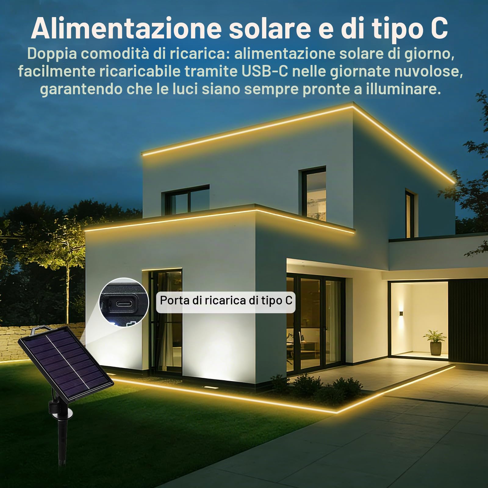 Striscia LED solare da 10 m, per esterni, 640 LED, impermeabile IP68, dimmerabile, con telecomando, 8 modalità di illuminazione e timer, ricaricabile, per balcone, giardino, terrazza, bianco