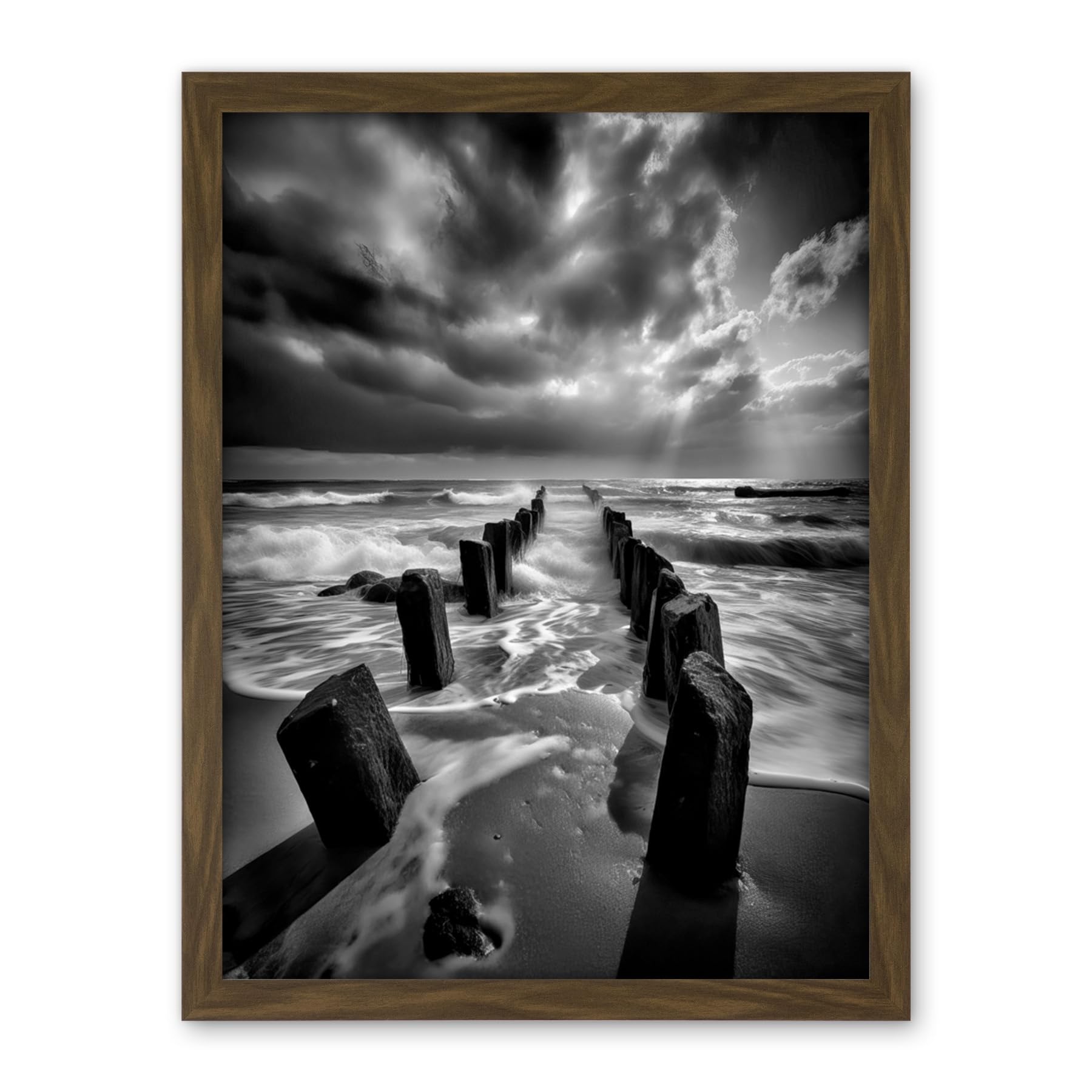 Artery8 Pier Ruins Black and White Dramatic Coastal Photo Artwork Framed Wall Art Print 18X24 Inch