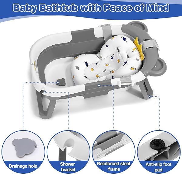 Baignoire Bébé Pliable avec Coussin, Baignoire Enfant pour Nouveau-nés et Tout-petits, Rince-tête Inclus, Baignoire de Voyage Ergonomique pour Naissance (Gris) - 2