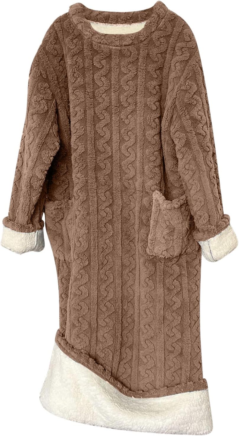 TANGNADE Winter Warm Fleece Nightgowns for Women Long Sleeve Full Length with Pockets Soft Flannel Pajama Night Dress