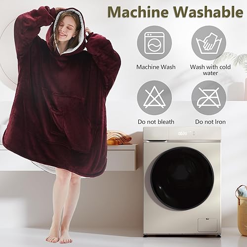 Miniatura 8 de L'AGRATY Manta con capucha gigante de gran tamaño con mangas de bolsillo para mujeres y hombres, franela sherpa, suave, cálida, acogedora, suéter,