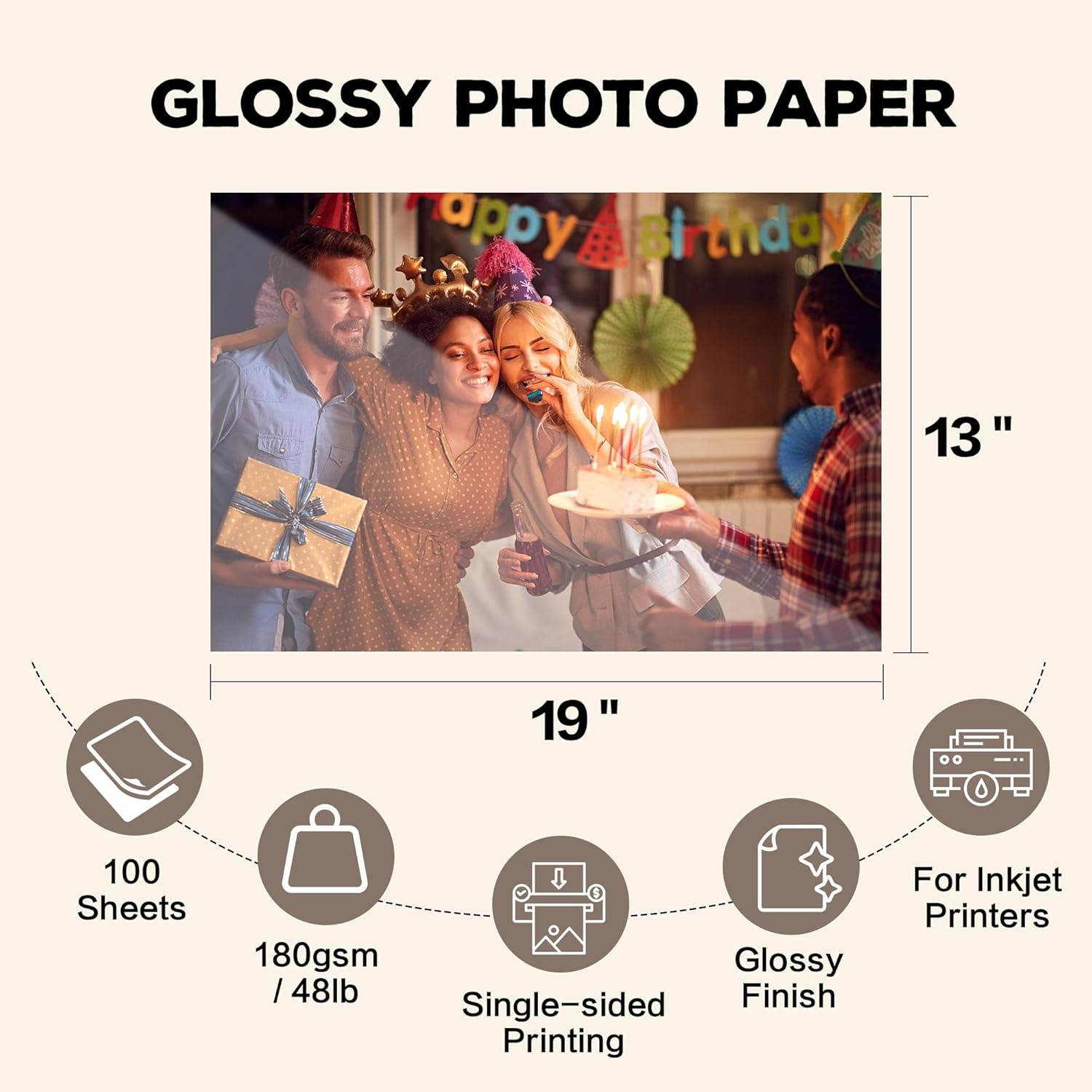 A-SUB Glossy Photo Paper 13x19 inch, 100 Sheets Inkjet Photo Printer Paper 48lb 180gsm, Instant Dry Picture Paper for DIY Chip Bag, Cards, Calenders 13"X19"