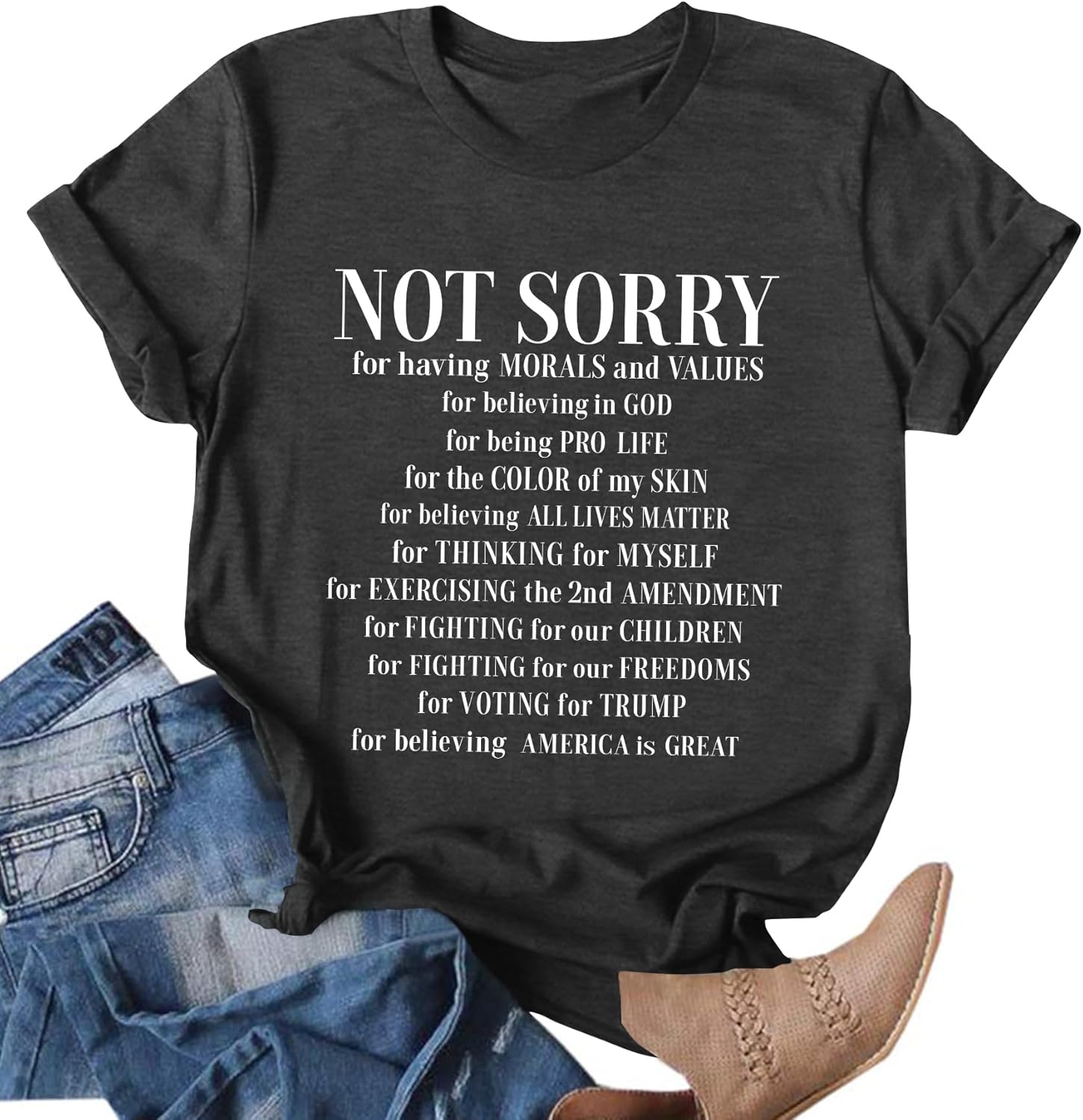 Not Sorry Shirts for Women American Flag T-Shirt 4th of July Outfits Patriotic Tshirt Fourth of July Short Sleeve Tee Grey Small
